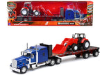 Kenworth W900 Truck with Flatbed Trailer Blue Metallic with Farm Tractor Red "Long Haul Truckers" Series 1/32 Diecast Model by New Ray-0