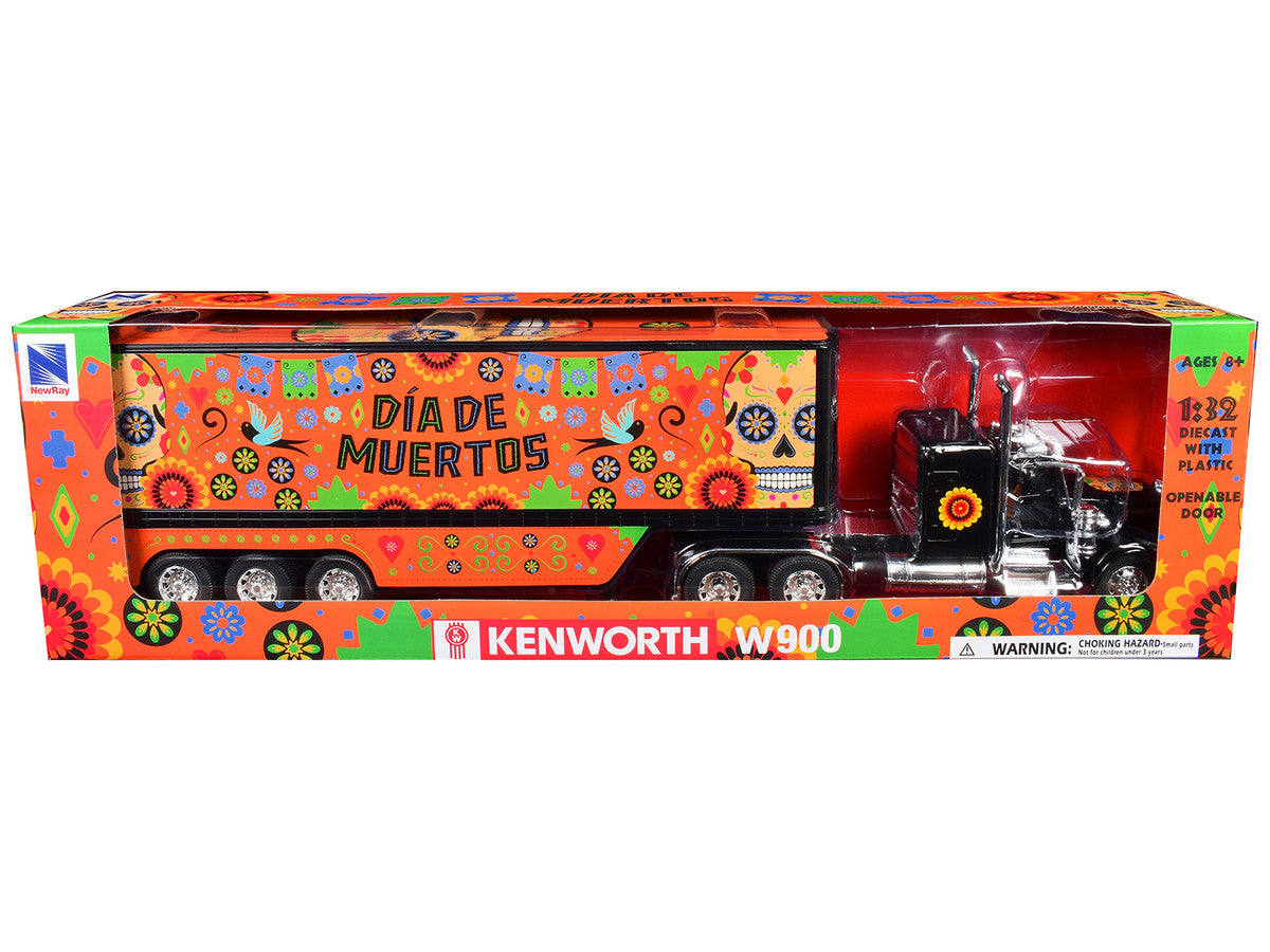 Kenworth W900 Truck Black with Graphics and Dry Van Trailer "Dia De Muertos" 1/32 Diecast Model by New Ray-1