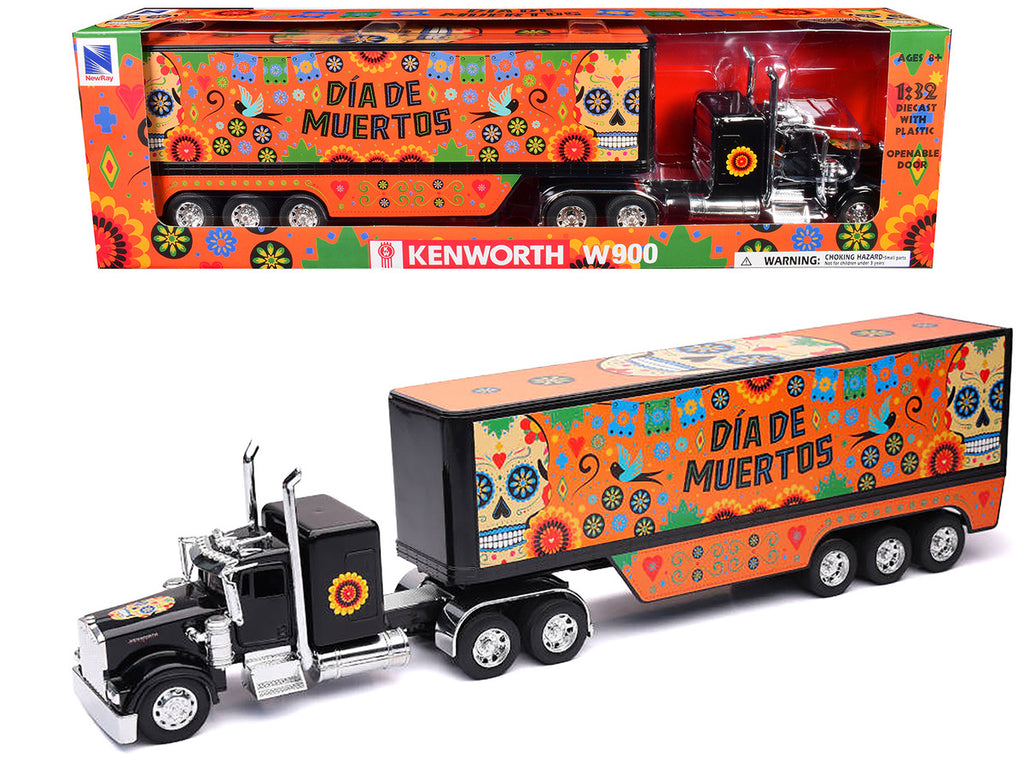 Kenworth W900 Truck Black with Graphics and Dry Van Trailer "Dia De Muertos" 1/32 Diecast Model by New Ray-2