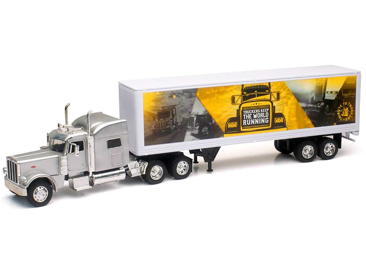 Peterbilt 389 Truck Silver Metallic with Dry Van Trailer "Trucker Keep The World Running" "Long Haul Truckers" Series 1/32 Diecast Model by New Ray-0