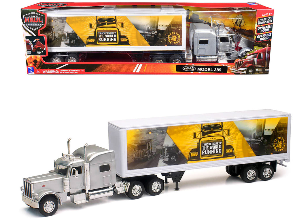 Peterbilt 389 Truck Silver Metallic with Dry Van Trailer "Trucker Keep The World Running" "Long Haul Truckers" Series 1/32 Diecast Model by New Ray-2