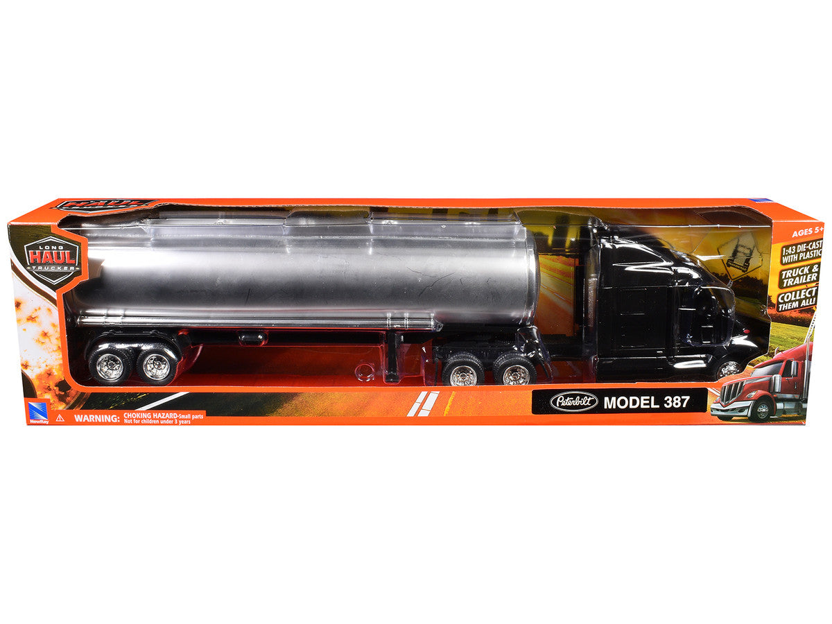 Peterbilt 387 Truck Black with Tanker Trailer Silver "Long Haul Truckers" Series 1/43 Diecast Model by New Ray-1