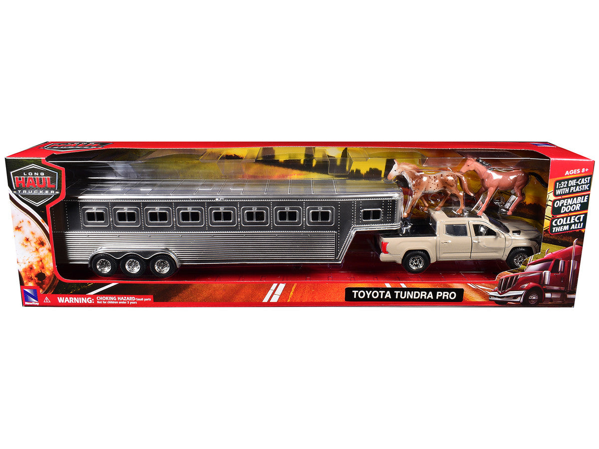 Toyota Tundra Pro Pickup Truck Beige with Horse Trailer Chrome and Horse Figures "Long Haul Truckers" Series 1/32 Diecast Model by New Ray-0