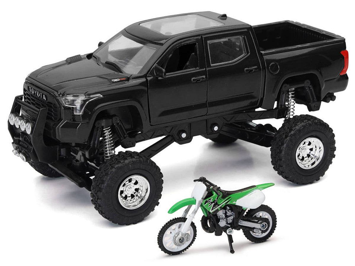 Toyota Tundra Pro Pickup Truck Black and Kawasaki KX 250 Motorcycle Green and White "Xtreme Off-Road" Series 1/32 Diecast Models by New Ray-1