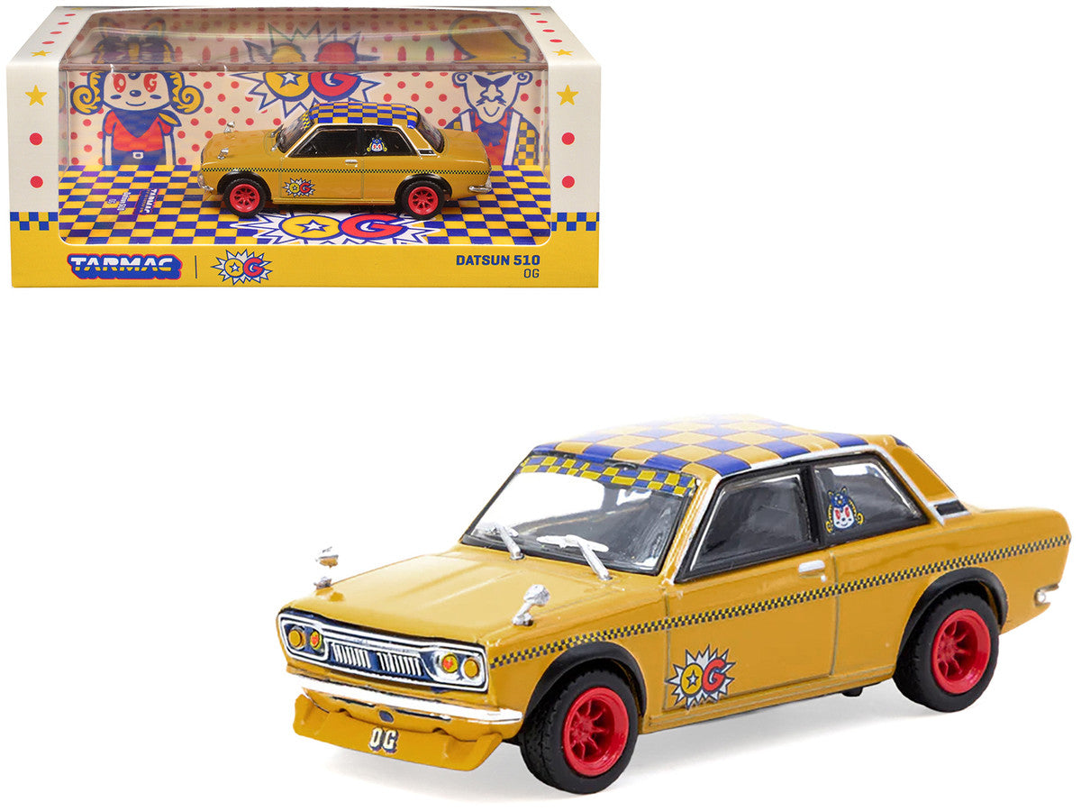 Datsun 510 "OG Beer" Yellow with Checkered Top "Hobby64" Series 1/64 Diecast Model Car by Tarmac Works-0