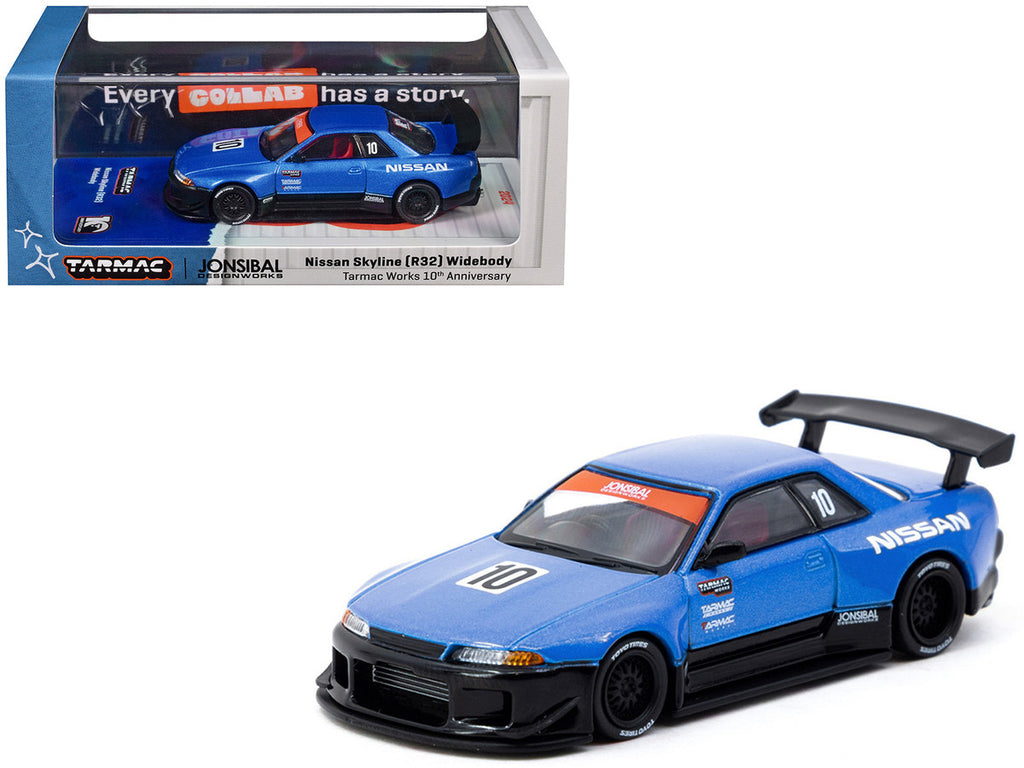 Nissan Skyline (R32) Widebody RHD (Right Hand Drive) #10 "Tarmac Works 10th Anniversary" Blue Metallic "Global64" 1/64 Diecast Model Car by Tarmac Works-0