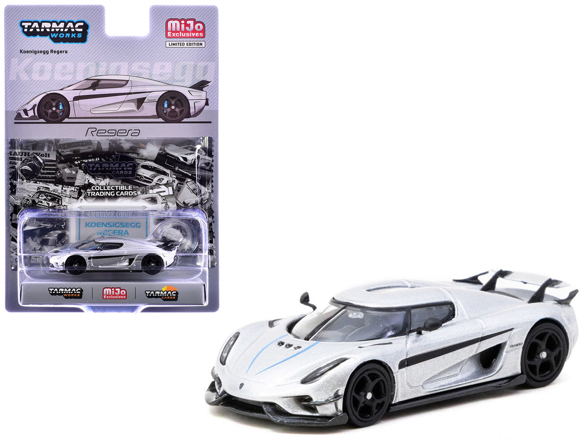 Koenigsegg Regera Silver Metallic with Blue Accents and Collectible Tarmac Cards "Global64" Series 1/64 Diecast Model Car by Tarmac Works-0