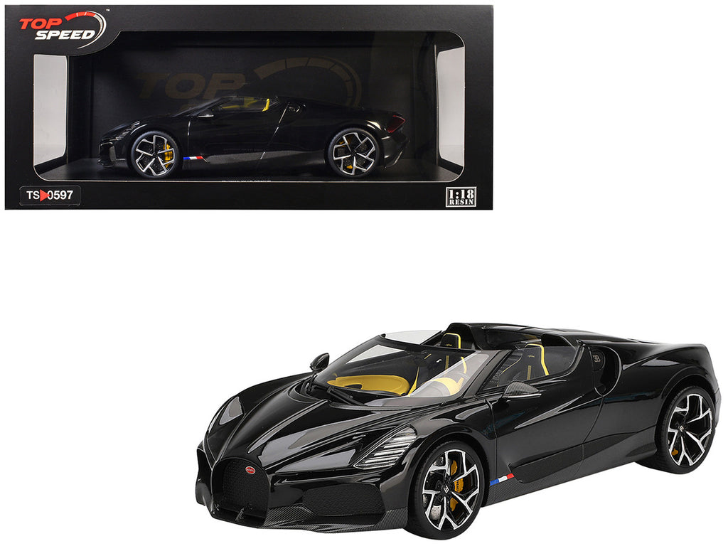 Bugatti W16 Mistral Black with Yellow Interior 1/18 Model Car by Top Speed-4