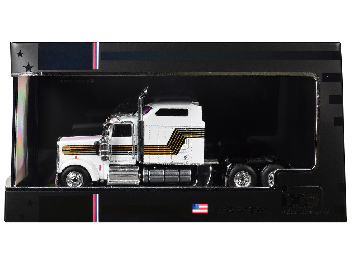 1995 Kenworth W900 Truck Tractor White with Black and Gold Stripes 1/64 Diecast Model by IXO Models-0