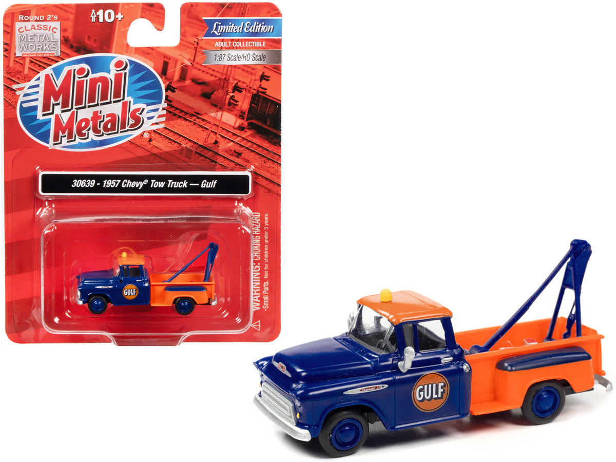 1957 Chevrolet Stepside Tow Truck "Gulf" Blue and Orange 1/87 (HO) Scale Model Car by Classic Metal Works-0