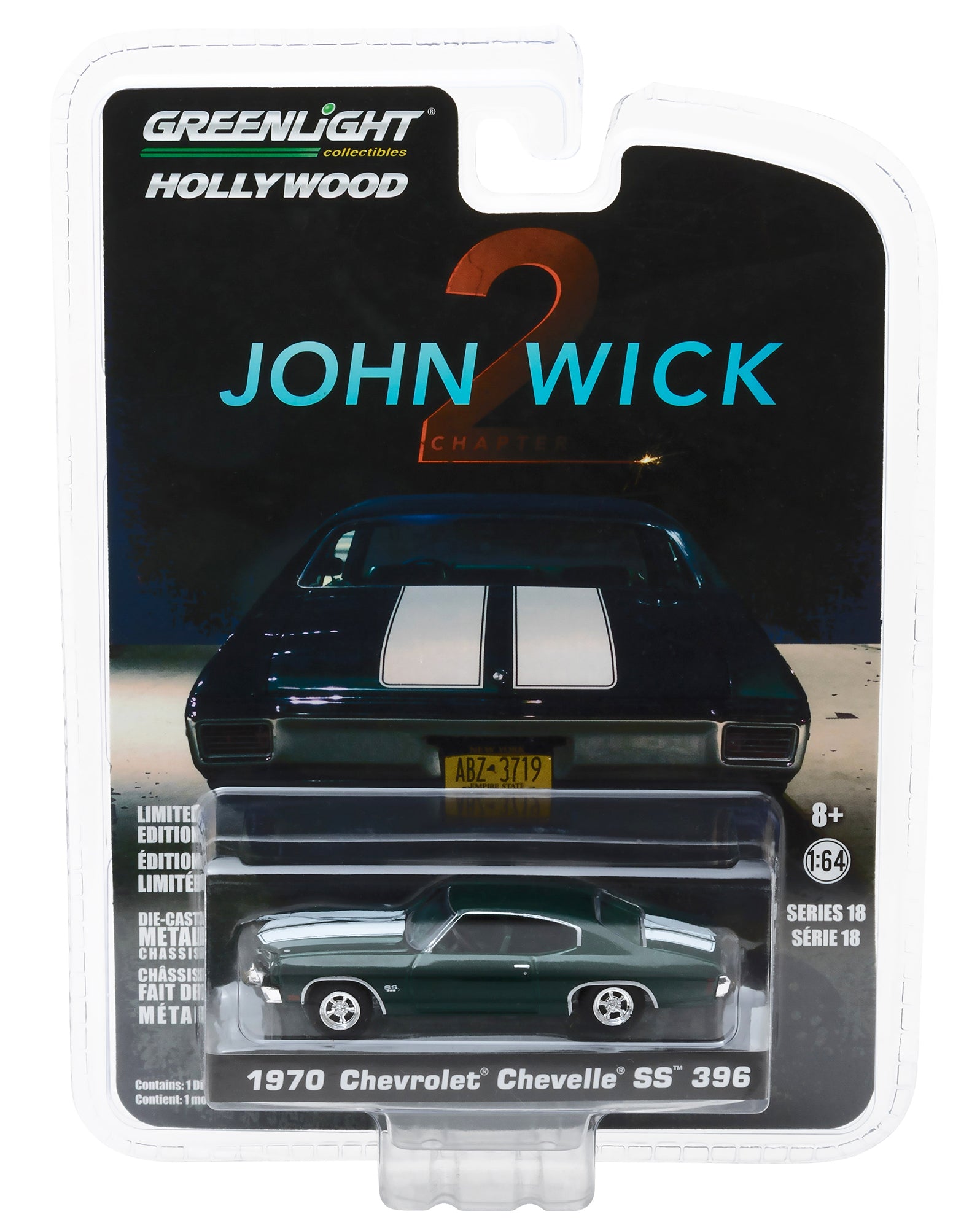 1970 Chevrolet Chevelle SS 396 Green with White Stripes "John Wick: Chapter 2" (2017) Movie "Hollywood Series" Release 18 1/64 Diecast Model Car by Greenlight
