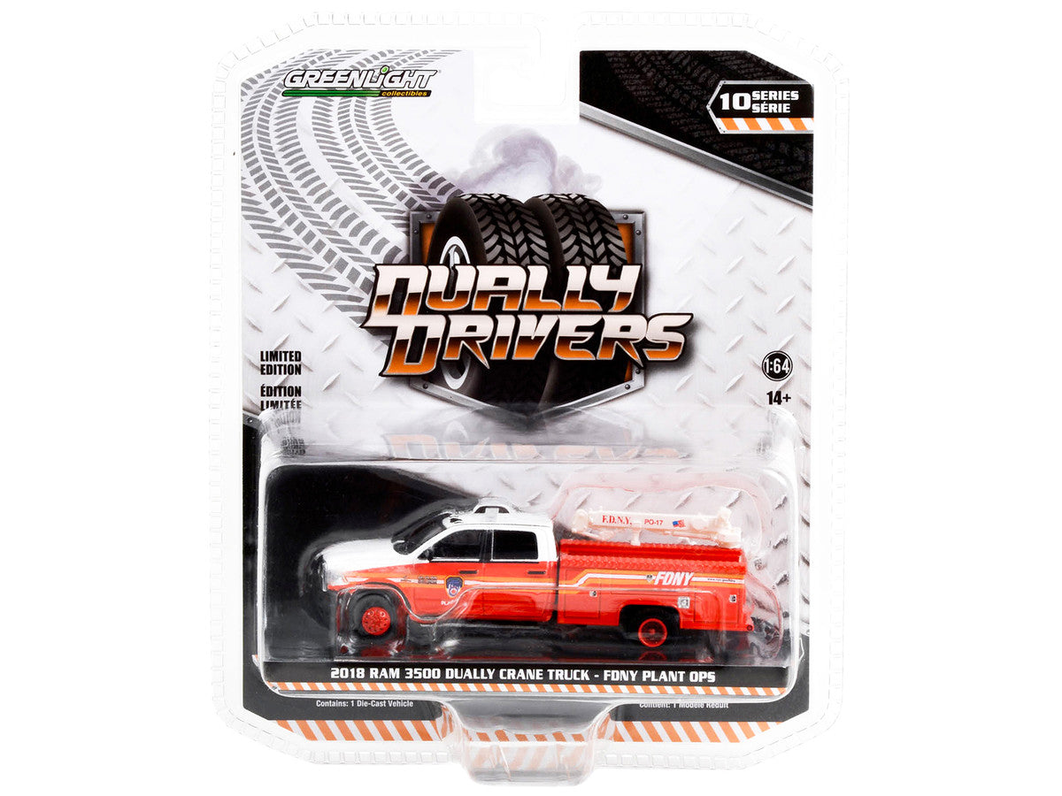 2018 Ram 3500 Dually Crane Truck Red and White with Stripes "FDNY (Fire Department of the City of New York) Plant Ops" "Dually Drivers" Series 10 1/64 Diecast Model Car by Greenlight-2