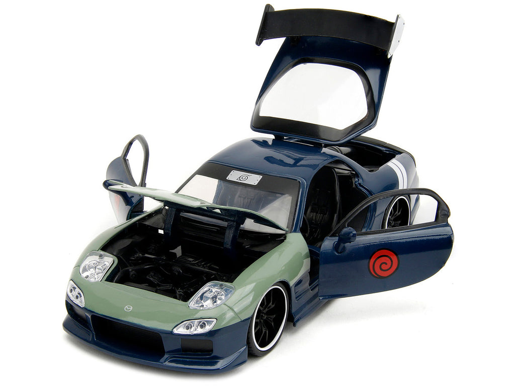 1993 Mazda RX-7 Dark Blue with Green Hood and Kakashi Hatake Diecast Figure "Naruto Shippuden" (2009-2017) TV Series "Anime Hollywood Rides" Series 1/24 Diecast Model Car by Jada-1