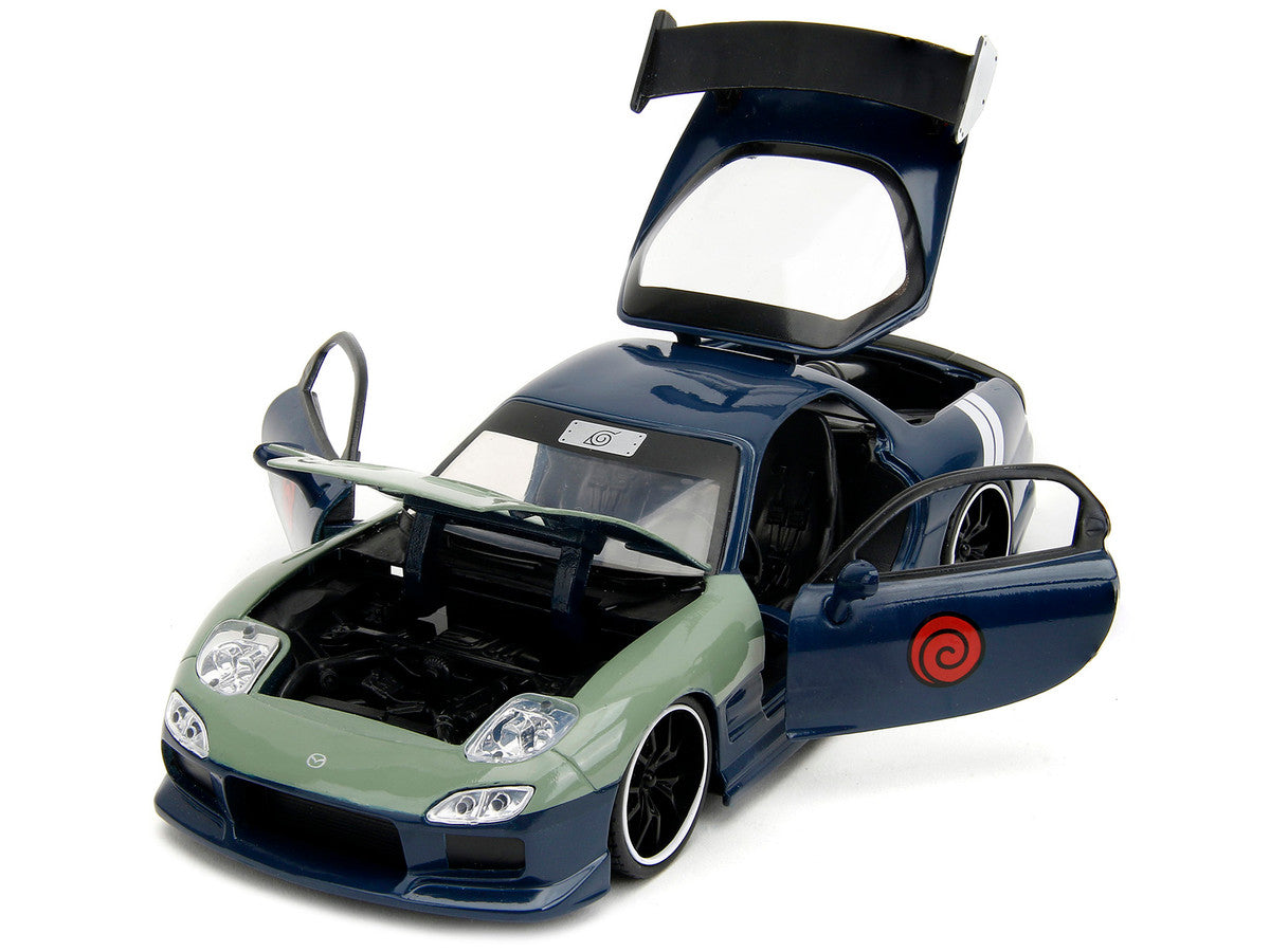 1993 Mazda RX-7 Dark Blue with Green Hood and Kakashi Hatake Diecast Figure "Naruto Shippuden" (2009-2017) TV Series "Anime Hollywood Rides" Series 1/24 Diecast Model Car by Jada-1