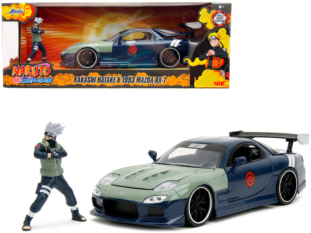 1993 Mazda RX-7 Dark Blue with Green Hood and Kakashi Hatake Diecast Figure "Naruto Shippuden" (2009-2017) TV Series "Anime Hollywood Rides" Series 1/24 Diecast Model Car by Jada-0