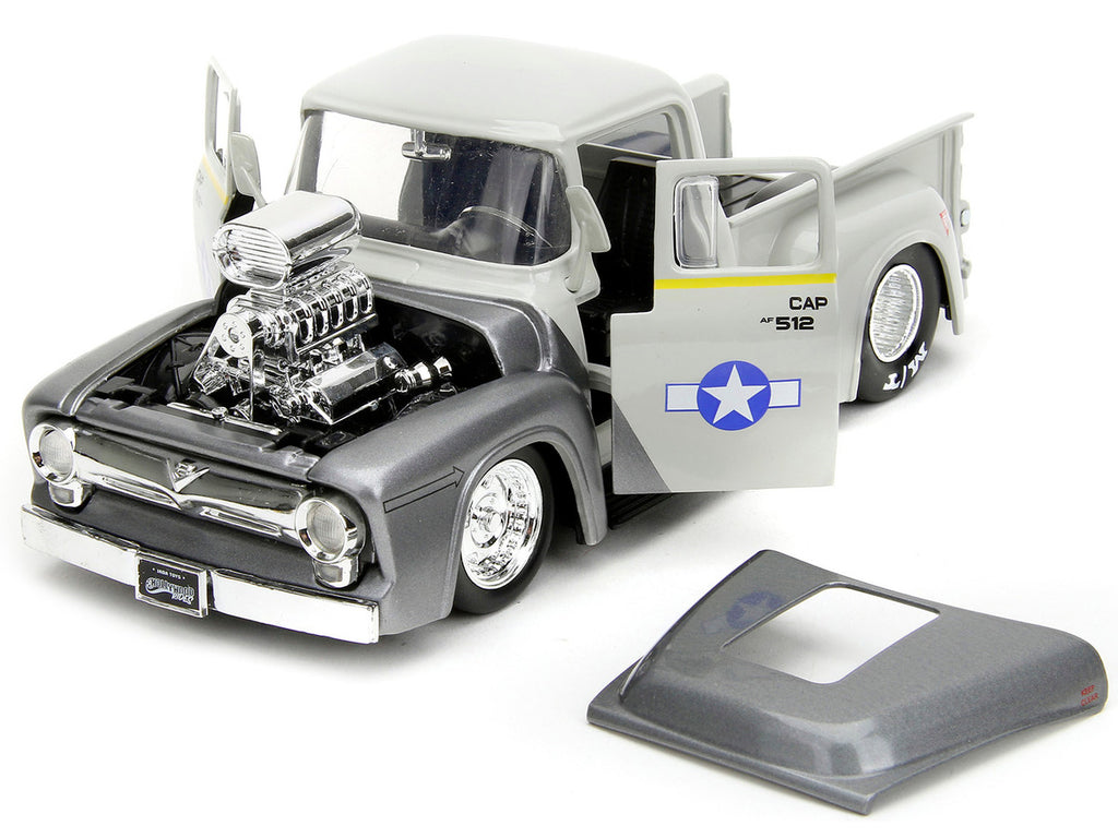 1956 Ford F-100 Pickup Truck Tan and Gray Metallic and Guile Diecast Figure "Street Fighter" Video Game "Anime Hollywood Rides" Series 1/24 Diecast Model Car by Jada-1