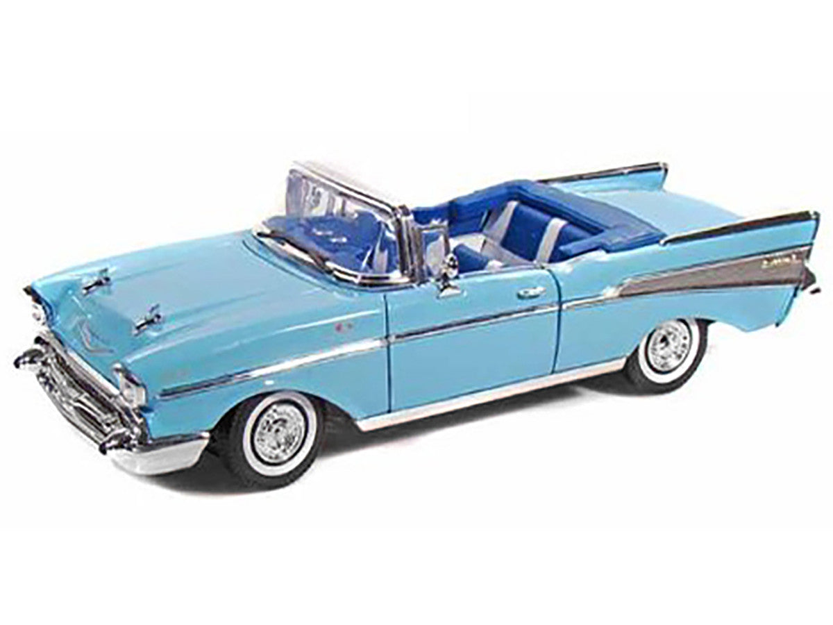 1957 Chevrolet Bel Air Convertible Light Blue with Blue Interior 1/18 Diecast Model Car by Motormax-1