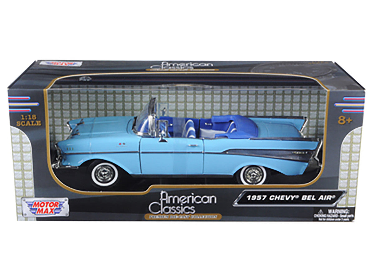 1957 Chevrolet Bel Air Convertible Light Blue with Blue Interior 1/18 Diecast Model Car by Motormax-2