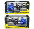 1950 Ford COE Flatbed Truck Blue "Cobra Powered by Ford" and 1964 Shelby Cobra #6 Silver Metallic with Stripes "Muscle Transports" Series 1/64 Diecast Model Cars by Muscle Machines-1