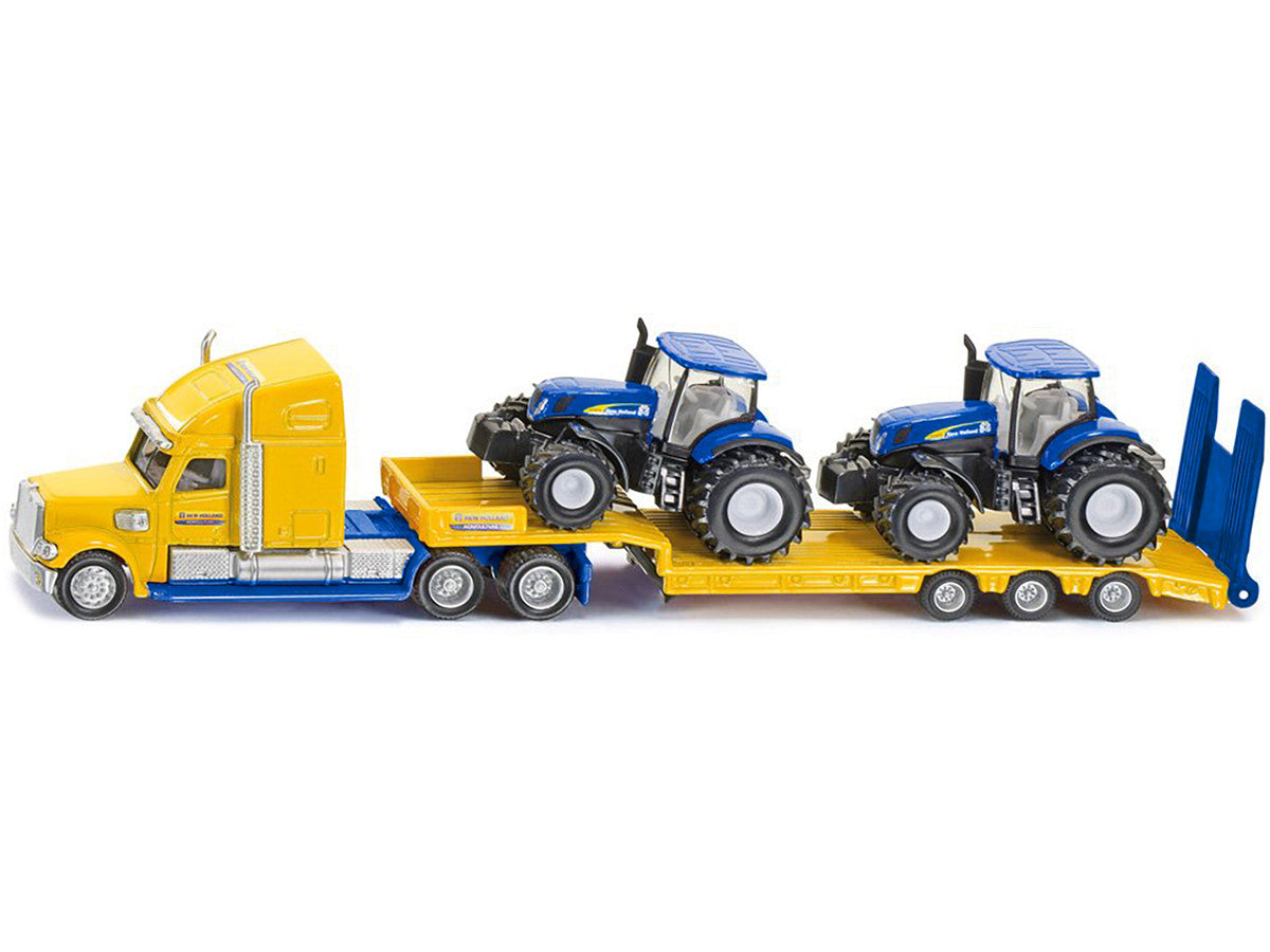Tractor Truck Yellow with 2 New Holland T7070 Tractors Blue 1/87 (HO) Diecast Models by Siku-1