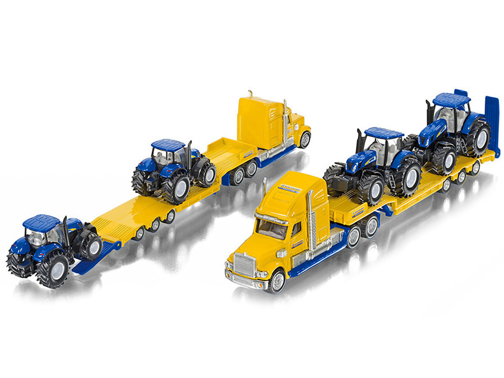 Tractor Truck Yellow with 2 New Holland T7070 Tractors Blue 1/87 (HO) Diecast Models by Siku-2