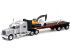 Peterbilt 389 Truck with Flatbed Trailer Silver Metallic with Excavator and Wind Turbine "Long Haul Truckers" Series 1/32 Diecast Model by New Ray-1