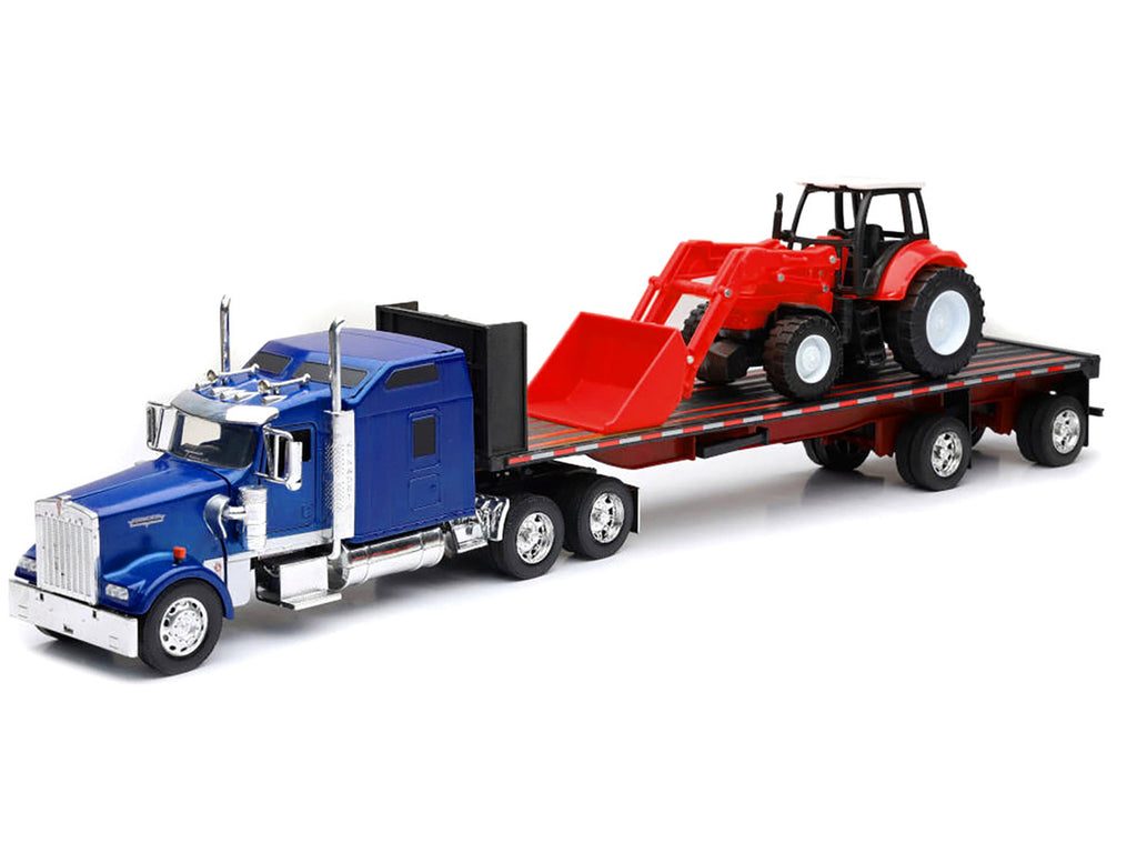 Kenworth W900 Truck with Flatbed Trailer Blue Metallic with Farm Tractor Red "Long Haul Truckers" Series 1/32 Diecast Model by New Ray-1
