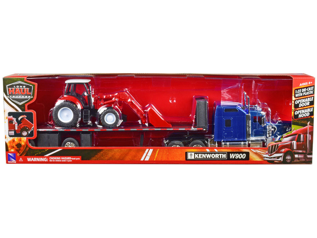 Kenworth W900 Truck with Flatbed Trailer Blue Metallic with Farm Tractor Red "Long Haul Truckers" Series 1/32 Diecast Model by New Ray-2